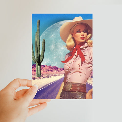 Bring the spirit of Bob Dylan's classic Dirt Road Blues with this vintage cowgirl postcard.